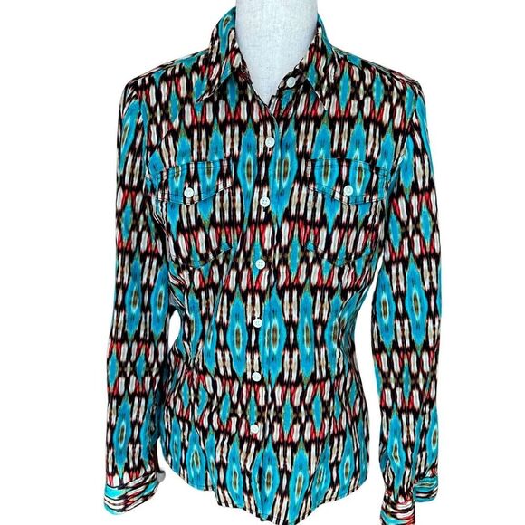 Jones NY Sport  Long Sleeve Button-Up Cotton Blouse  Abstract Pattern  Small - Picture 1 of 9